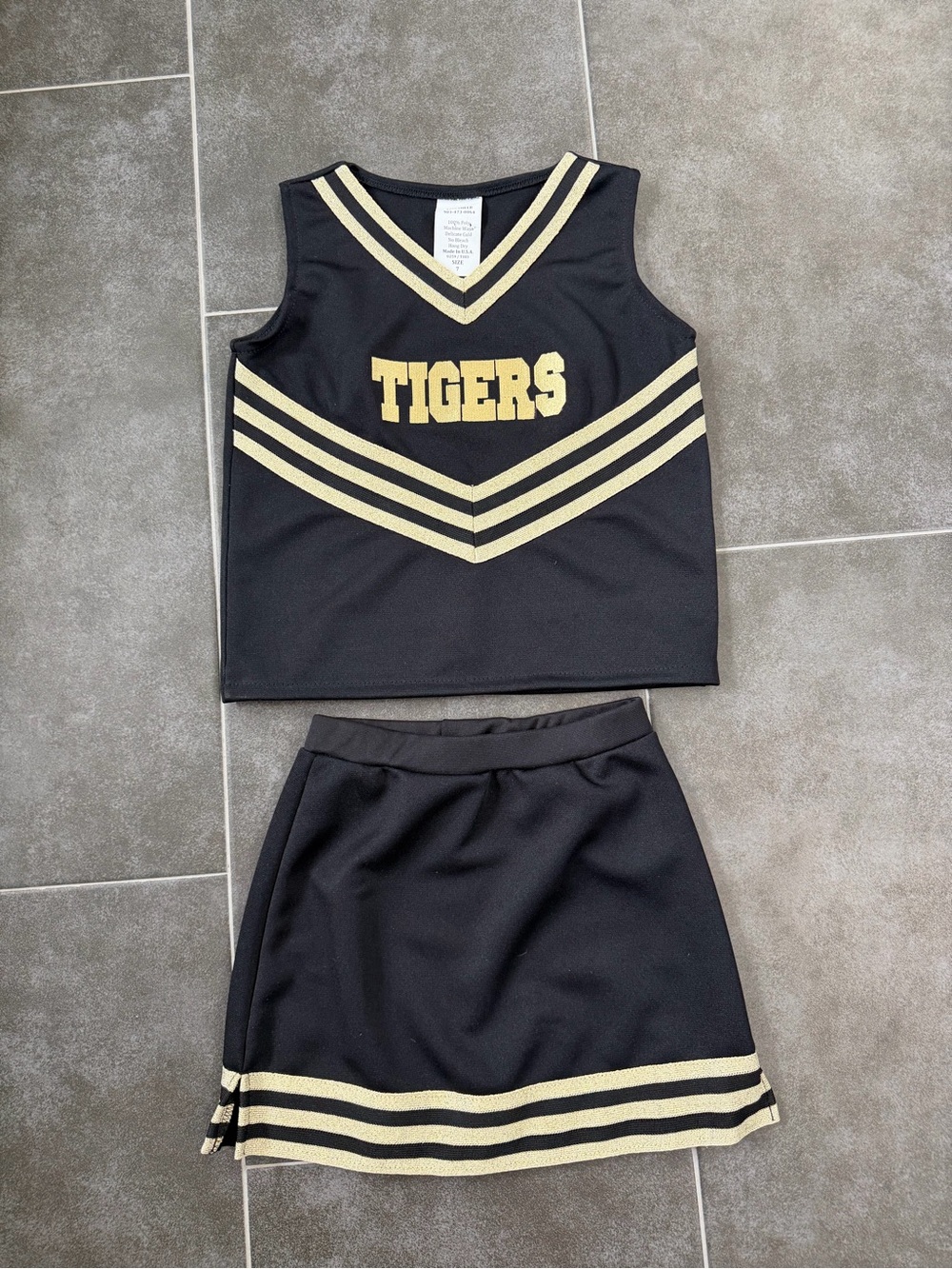 Black and Gold "Tigers" Cheer Costume Top and Skirt - Kids Size 7
